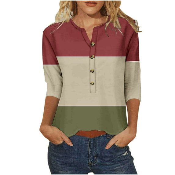 Jewelreauty Womens Half Button Casual Shirts 3/4 Sleeve Slim Fitting Tunic Tops Summer Cute Print Blouses (S, Red)