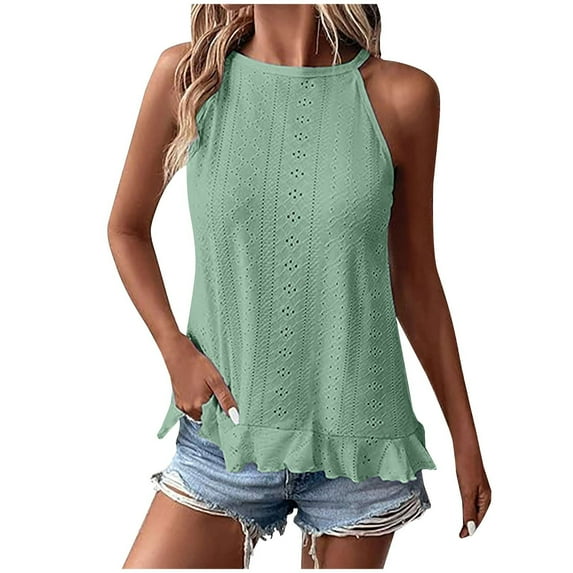 Jewelreauty Womens High Neck Eyelet Tank Tops Summer Casual Flowy Tunic T-Shirts Loose Sleeveless Blouses Tee (XL, Green)