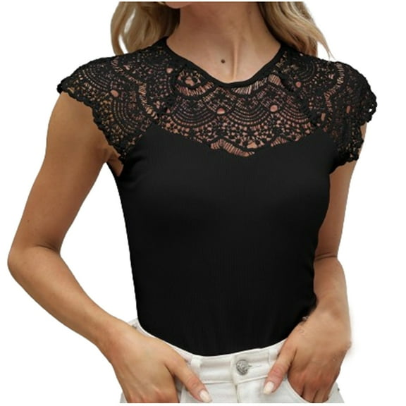 Jewelreauty Womens Lace Crew Neck Cap Sleeve Tank Tops Casual Ribbed Solid Shirts Summer Loose Fitting Tee (L, Black)