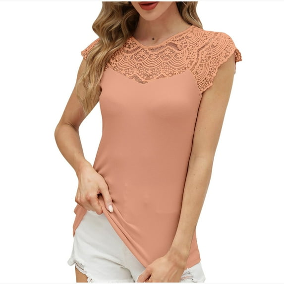 Jewelreauty Womens Lace Crew Neck Cap Sleeve Tank Tops Casual Ribbed Solid Shirts Summer Loose Fitting Tee (L, Orange)