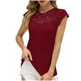 thumbnail image 1 of Jewelreauty Womens Lace Crew Neck Cap Sleeve Tank Tops Casual Ribbed Solid Shirts Summer Loose Fitting Tee (M, Red), 1 of 9
