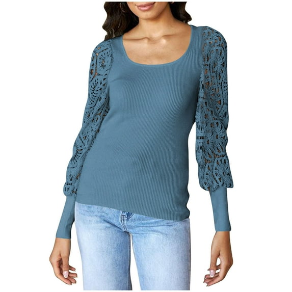 Jewelreauty Womens Lace Long Sleeve Tops Solid Color Patchwork Crewneck T-Shirts Casual Slim Fitting Tops (L, Blue)