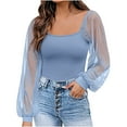 thumbnail image 1 of Jewelreauty Womens Lantern Sleeve Shirts Square Neck Long Sleeve Patchwork Tees Slim Fit Tunic Blouses Tops (L, Blue), 1 of 8