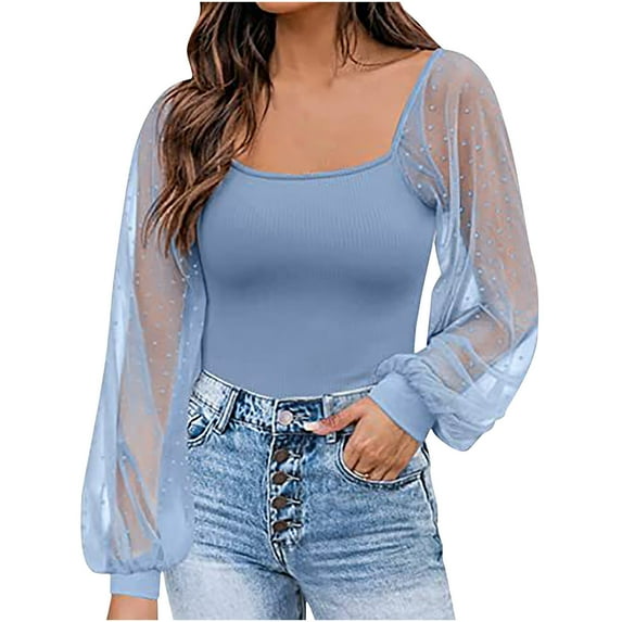 Jewelreauty Womens Lantern Sleeve Shirts Square Neck Long Sleeve Patchwork Tees Slim Fit Tunic Blouses Tops (L, Blue)