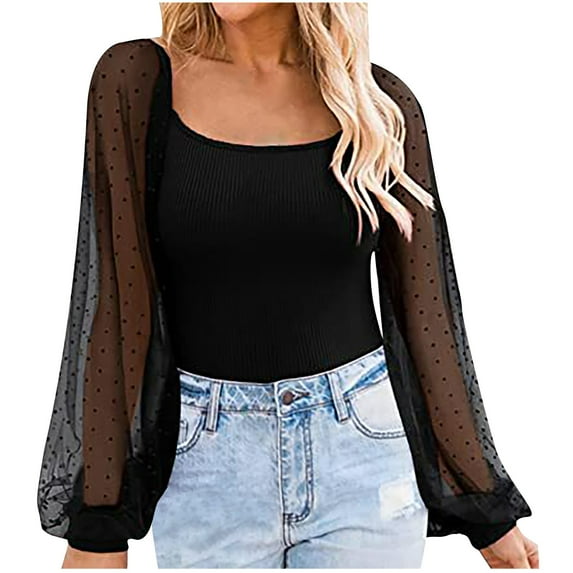 Jewelreauty Womens Lantern Sleeve Shirts Square Neck Long Sleeve Patchwork Tees Slim Fit Tunic Blouses Tops (XL, Black)