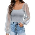 thumbnail image 1 of Jewelreauty Womens Lantern Sleeve Shirts Square Neck Long Sleeve Patchwork Tees Slim Fit Tunic Blouses Tops (XL, Gray), 1 of 8