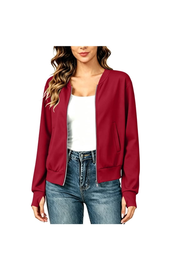 Womens Light Jackets with Thumb Holes Pockets Long Sleeve Full-zip Bomber Coat Collarless Outwear (2XL, Red)