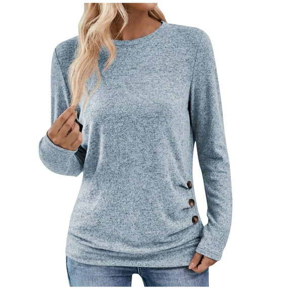 Jewelreauty Womens Long Sleeve Shirts Round Neck Side Button Pleated Casual Tops Solid Slim Fitting T-Shirts (L, Sky Blue)