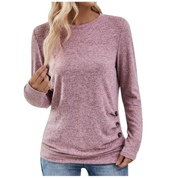 Jewelreauty Womens Long Sleeve Shirts Round Neck Side Button Pleated Casual Tops Solid Slim Fitting T-Shirts (XL, Pink)