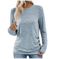thumbnail image 1 of Jewelreauty Womens Long Sleeve Shirts Round Neck Side Button Pleated Casual Tops Solid Slim Fitting T-Shirts (XL, Sky Blue), 1 of 9