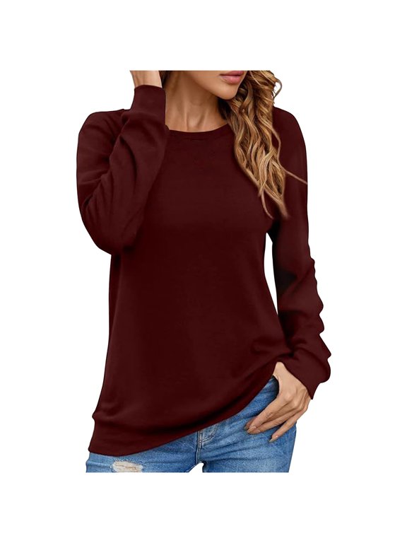 Womens Long Sleeve Tops Solid Color Crewneck Slim Fitting Basic Tees Cozy Tunic Pullover Shirts (L, Wine)