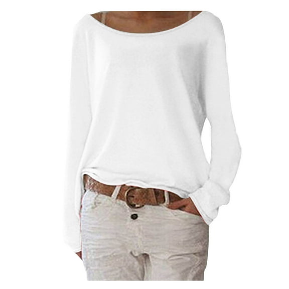 Jewelreauty Womens Loose Long Sleeve Shirts Pullover Solid Color Casual T-Shirts Lightweight Round Neck Tops (S, White)