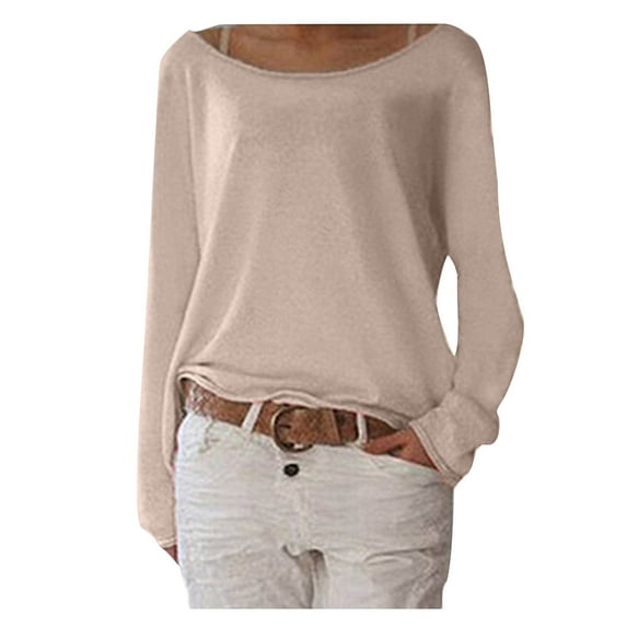 Jewelreauty Womens Loose Long Sleeve Shirts Pullover Solid Color Casual T-Shirts Lightweight Round Neck Tops (XL, Beige)