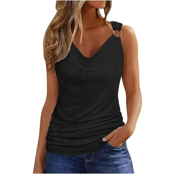 Jewelreauty Womens Notched Neck Casual Tank Tops Summer Sleeveless Eyelet Shirts Basic Loose Tunic Blouse (S, Black)