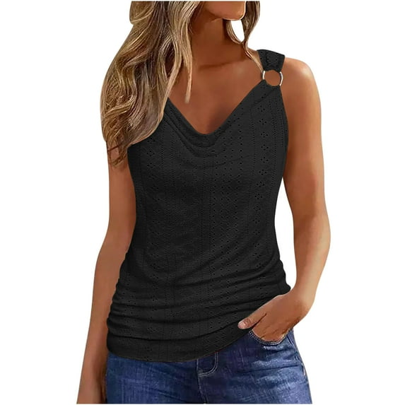 Jewelreauty Womens Notched Neck Casual Tank Tops Summer Sleeveless Eyelet Shirts Basic Loose Tunic Blouse (S, Black)