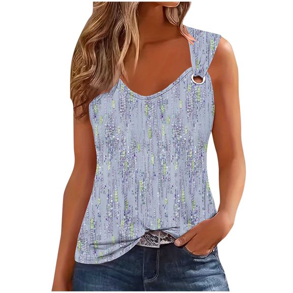 Jewelreauty Womens Notched Neck Casual Tank Tops Summer Sleeveless Loose Shirts Basic Tunic Blouse Tee (L, Light Blue)