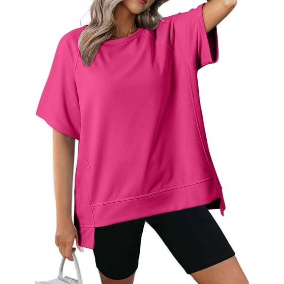 Jewelreauty Womens Oversized Short Sleeve Shirts Irregular Hem Workout Tops Casual Loose Solid Crewneck T-Shirts (XL, Hot Pink)