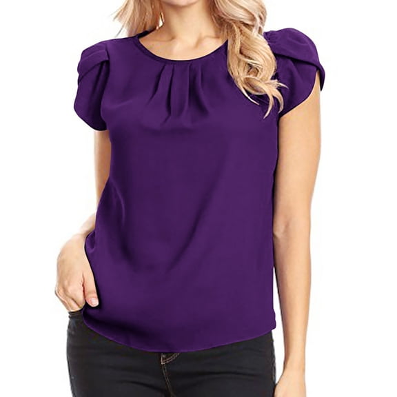 Jewelreauty Womens Petal Sleeve Tunic Tops Casual Crewneck Chiffon Blouses Summer Plus Size Shirts Tshirts (L, Purple)
