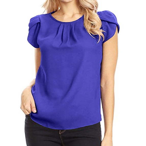 Jewelreauty Womens Petal Sleeve Tunic Tops Casual Crewneck Chiffon Blouses Summer Plus Size Shirts Tshirts (XL, Blue)
