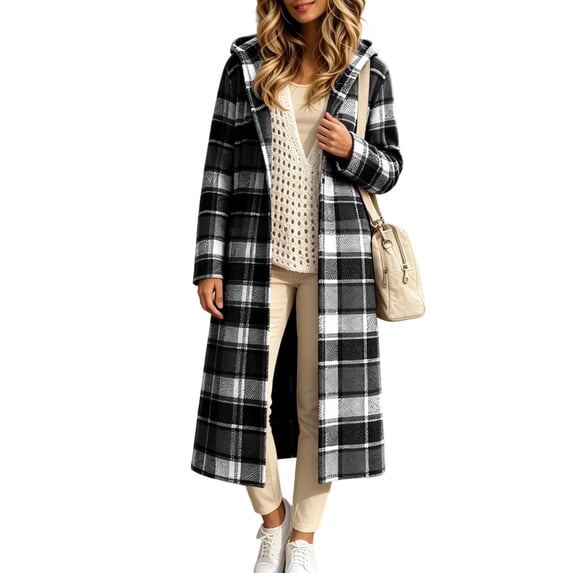 Jewelreauty Womens Plaid Long Overcoats, Hooded Long Sleeve Wool Blend Peacoat Calf Length Winter Fall Jackets (2XL, Black)