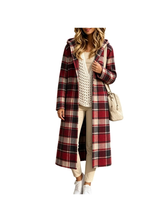 Womens Plaid Long Overcoats, Hooded Long Sleeve Wool Blend Peacoat Calf Length Winter Fall Jackets (L, Red)