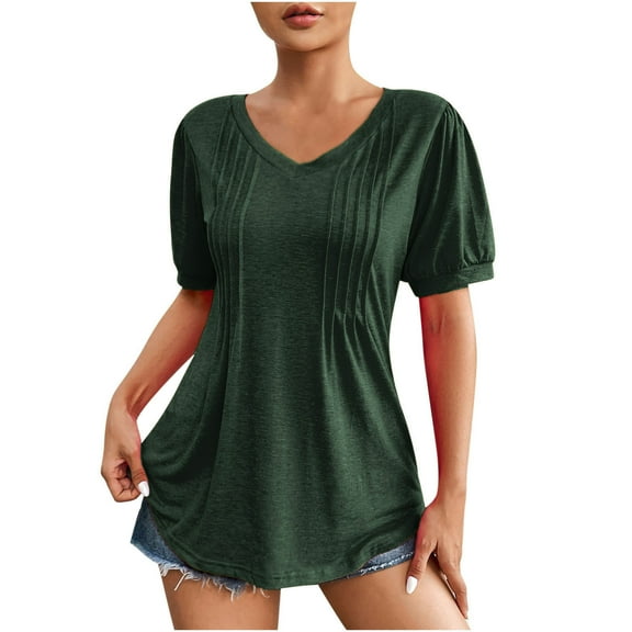 Jewelreauty Womens Pleated Short Sleeve Shirts Casual V Neck Puff Sleeve Tunic Tops Summer Loose Blouses (2XL, Army Green)