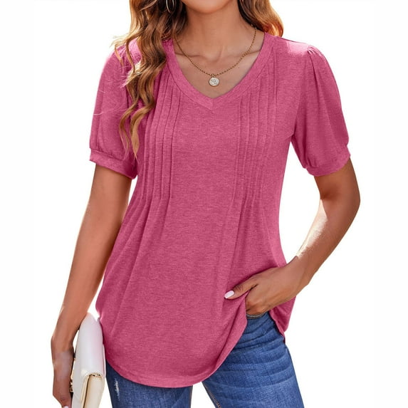 Jewelreauty Womens Pleated Short Sleeve Shirts Casual V Neck Puff Sleeve Tunic Tops Summer Loose Blouses (M, Hot Pink)