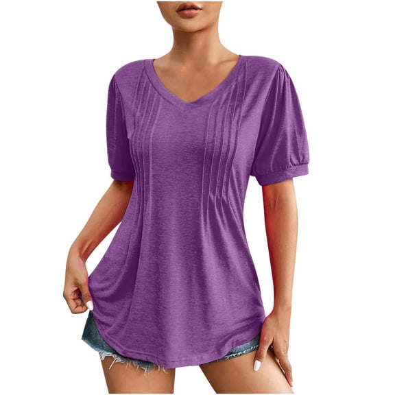 Jewelreauty Womens Pleated Short Sleeve Shirts Casual V Neck Puff Sleeve Tunic Tops Summer Loose Blouses (M, Purple)