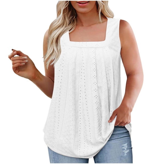 Jewelreauty Womens Plus Size Eyelet Tank Tops Casual Sleeveless Square Neck Tees Summer Loose Tunic Blouses (XL, White)