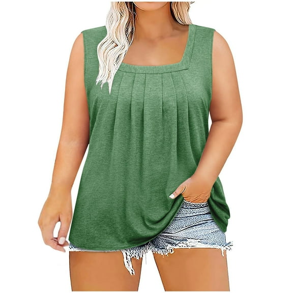 Jewelreauty Womens Plus Size Ruched Tank Tops Casual Sleeveless Square Neck Tees Summer Loose Tunic Blouses (2XL, Army Green)