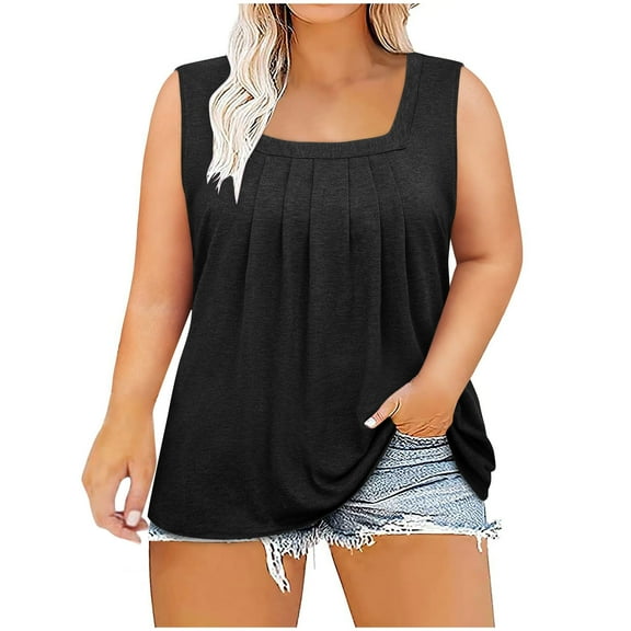 Jewelreauty Womens Plus Size Ruched Tank Tops Casual Sleeveless Square Neck Tees Summer Loose Tunic Blouses (XL, Black)