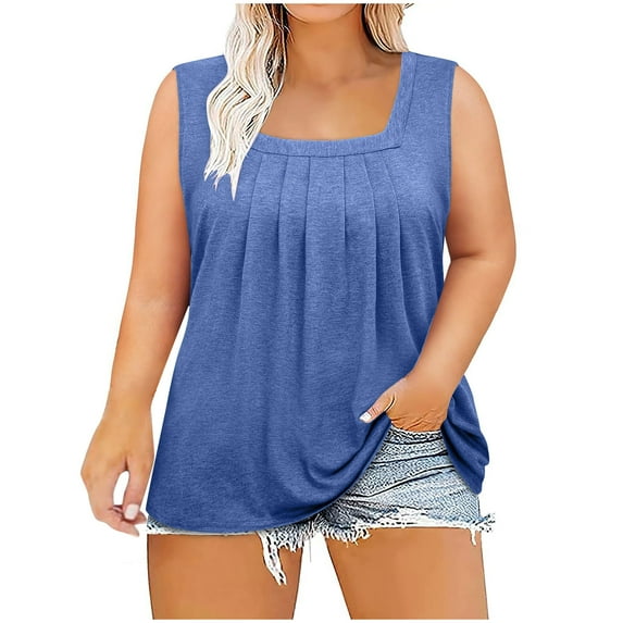 Jewelreauty Womens Plus Size Ruched Tank Tops Casual Sleeveless Square Neck Tees Summer Loose Tunic Blouses (XL, Blue)