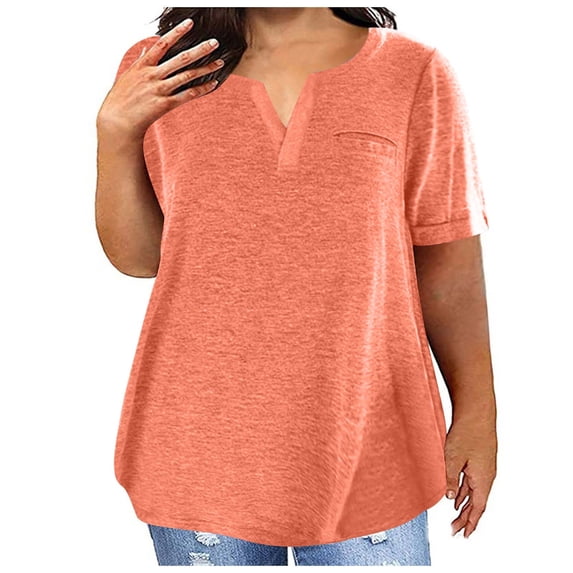 Jewelreauty Womens Plus Size Short Sleeve Tops Summer Casual V Neck Tunic Shirts Solid Color Basic Blouses (5XL, Orange)