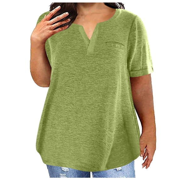 Jewelreauty Womens Plus Size Short Sleeve Tops Summer Casual V Neck Tunic Shirts Solid Color Basic Blouses (S, Army Green)