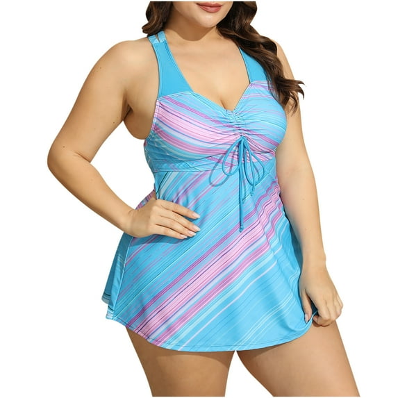 Jewelreauty Womens Plus Size Swim Dress Bathing Suits Print Drawstring Tankini Tops with Boyshorts 2 Piece Sets (XL, Blue)