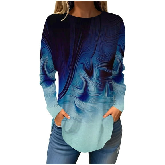 Jewelreauty Womens Round Neck Long Sleeve Shirts Casual Gradient Color Pullover Tops Plus Size Loose Tunic T-Shirts (L, Blue)
