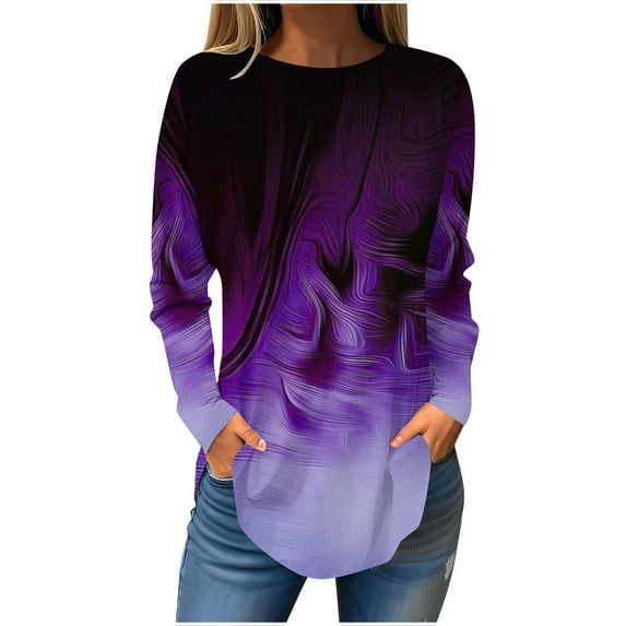 Jewelreauty Womens Round Neck Long Sleeve Shirts Casual Gradient Color Pullover Tops Plus Size Loose Tunic T-Shirts (L, Purple)