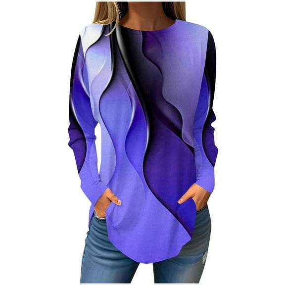 Jewelreauty Womens Round Neck Long Sleeve Shirts Casual Printed Pullover Loose Tops Plus Size Tunic T-Shirts (3XL, Purple)