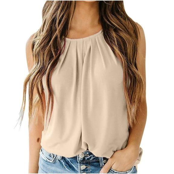 Jewelreauty Womens Round Neck Tank Tops Casual Pleated Front Sleeveless T-Shirts Summer Loose Lightweight Tee (L, Khaki)