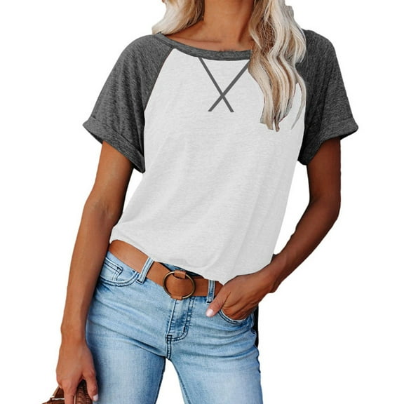 Jewelreauty Womens Short Sleeve Shirt Round Neck Raglan Sleeve Patchwork T-Shirts Casual Lightweight Cozy Tee (S, White)