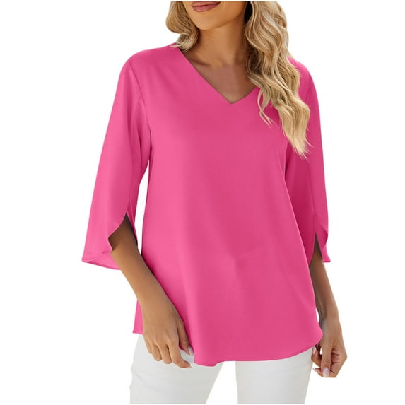 Jewelreauty Womens Solid Color Slit 3/4 Sleeve Shirts Loose V Neck Pullover Tops Casual Lightweight Summer Tee (M, Hot Pink)