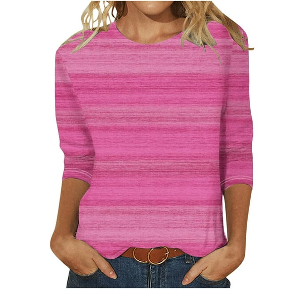 Jewelreauty Womens Striped 3/4 Sleeve Shirts Plus Size Color Block Crewneck Tops Casual Loose Tunic Basic Tee (2XL, Pink)