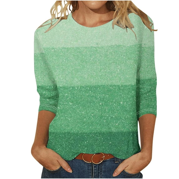 Jewelreauty Womens Striped 3/4 Sleeve Shirts Plus Size Color Block Crewneck Tops Casual Loose Tunic Basic Tee (L, Green)