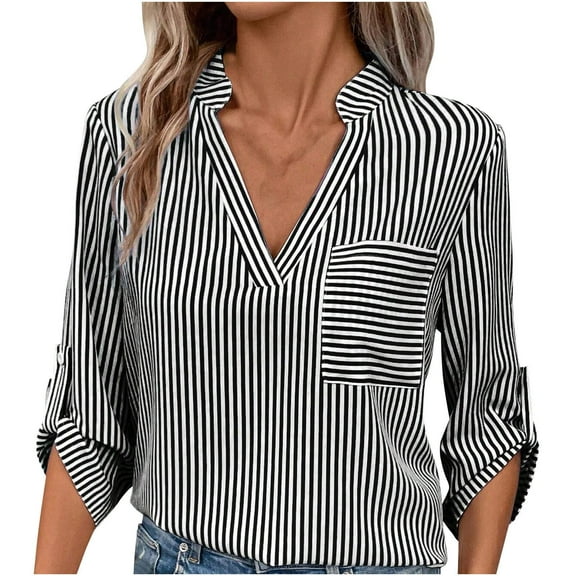 Jewelreauty Womens Striped 3/4 Sleeve V Neck Work Shirts Dressy Tops Casual Lightweight T-Shirts with Pocket (L, Black)