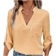 thumbnail image 1 of Jewelreauty Womens Striped 3/4 Sleeve V Neck Work Shirts Dressy Tops Casual Lightweight T-Shirts with Pocket (L, Yellow), 1 of 7