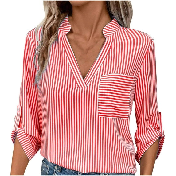 Jewelreauty Womens Striped 3/4 Sleeve V Neck Work Shirts Dressy Tops Casual Lightweight T-Shirts with Pocket (XL, Red)