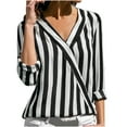 thumbnail image 1 of Jewelreauty Womens Striped Long Sleeve Work Shirts V Neck Curve Hem Loose Shirts Summer Casual Patchwork Tops (3XL, Black), 1 of 6