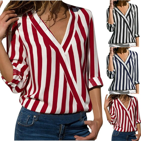 Jewelreauty Womens Striped Long Sleeve Work Shirts V Neck Curve Hem Loose Shirts Summer Casual Patchwork Tops (3XL, Red)