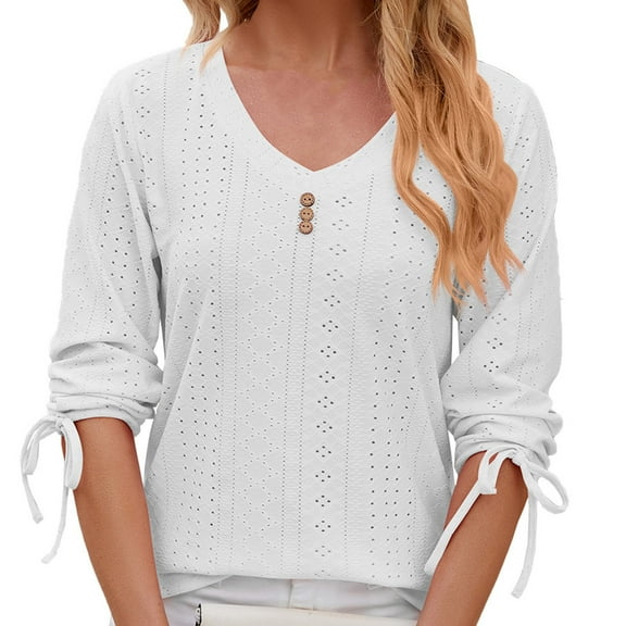 Jewelreauty Womens Summer Hollow Out V Neck Shirts Elbow Sleeve Knot Casual Tees Loose Solid Outdoor T-Shirts (S, White)
