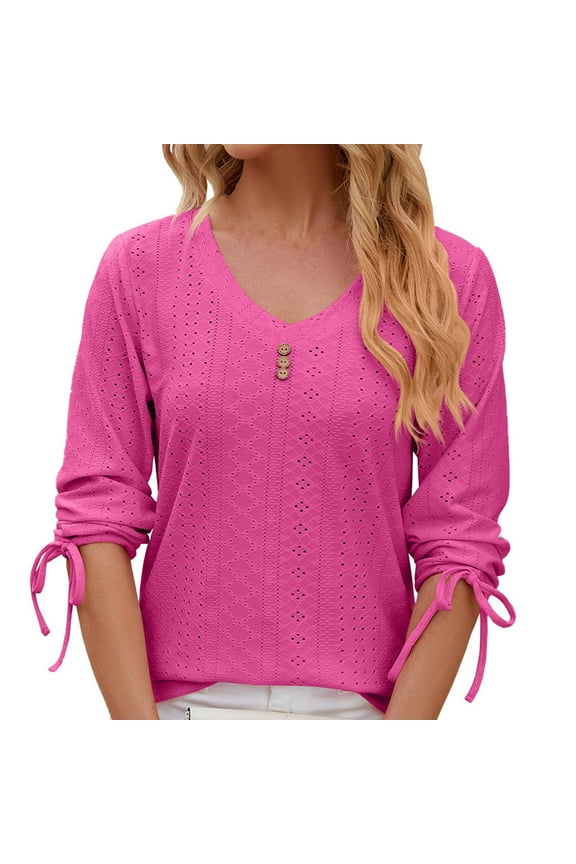 Womens Summer Hollow Out V Neck Shirts Elbow Sleeve Knot Casual Tees Loose Solid Outdoor T-Shirts (XL, Hot Pink)